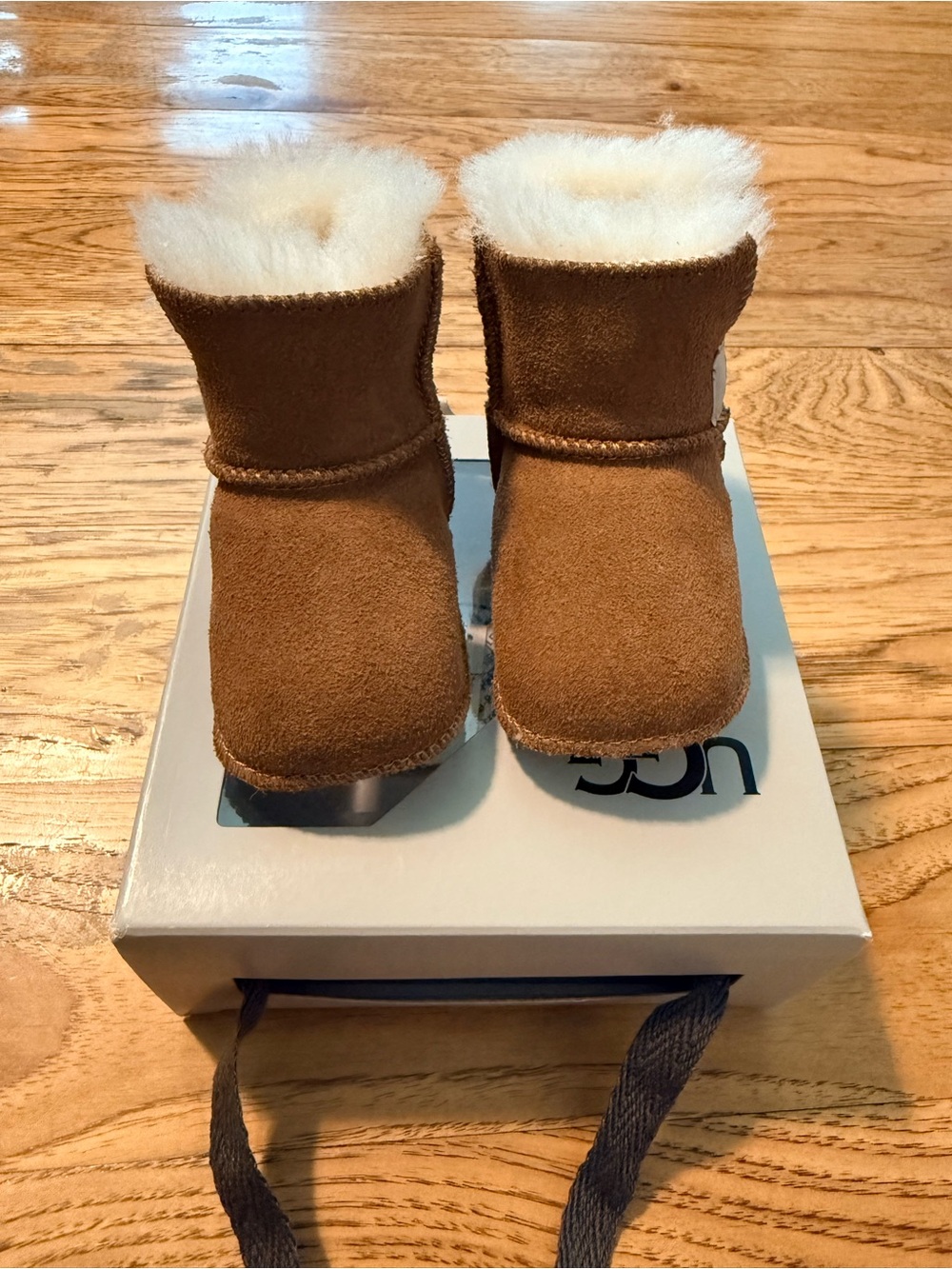 UGG Chestnut Suede Baby Booties with Cream Shearling Cuff